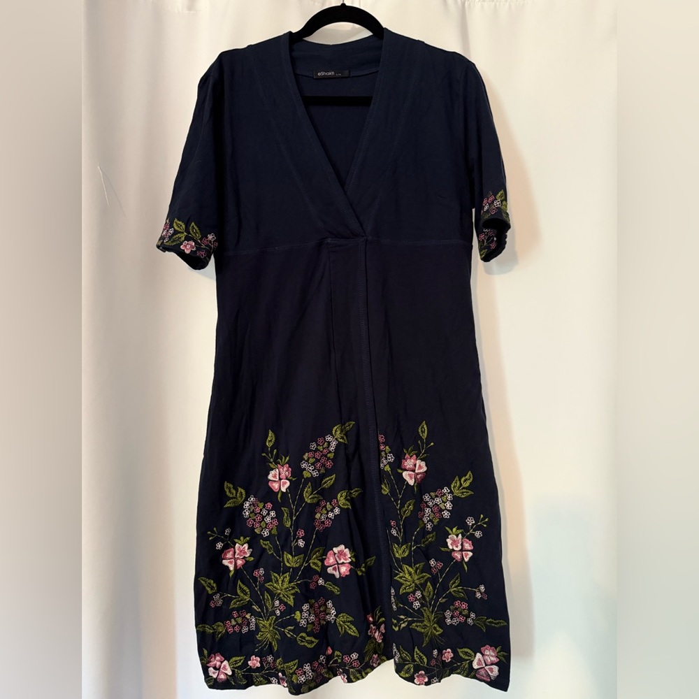 eShakti navy blue Dress with Pink and Green Floral Embroidery